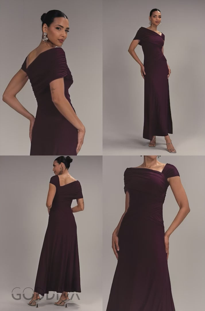 Asymmetric Neck Gathered Waist Maxi Dress - Burgundy DR5096