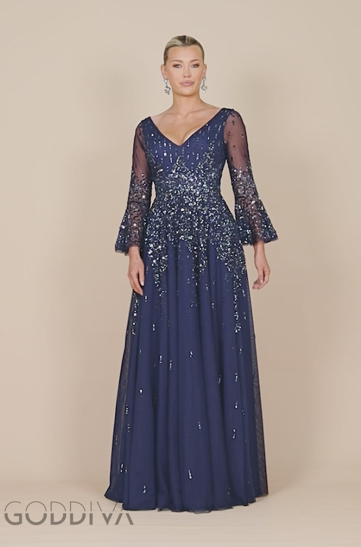 Sunray Sequin A-Line Bell Sleeve Maxi Dress - Navy Blue DR4654