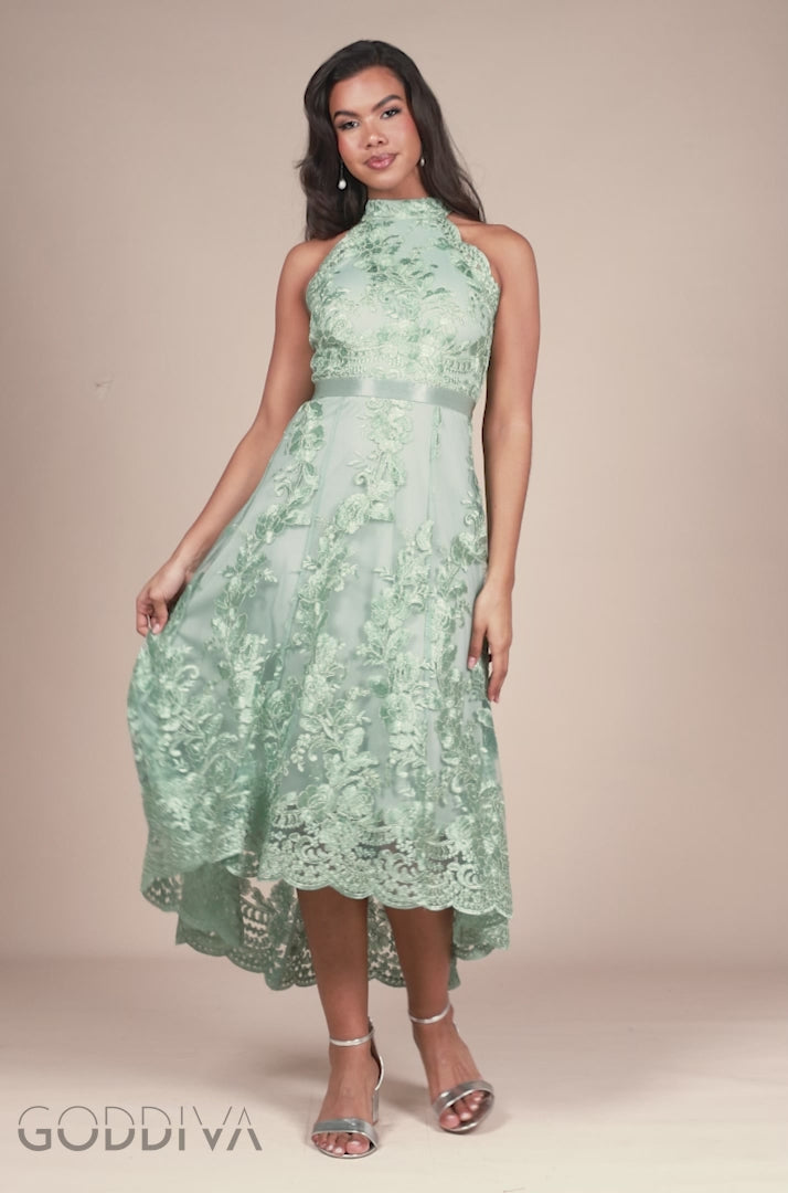 Halter Neck Lace High And Low Dress - Sage Green DR3346QZ