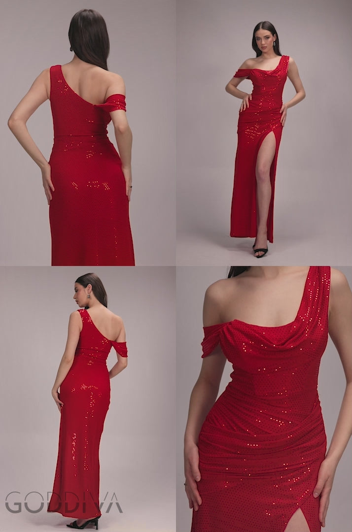Cowl Neck Glitter Draped Maxi Dress - Red DR4837