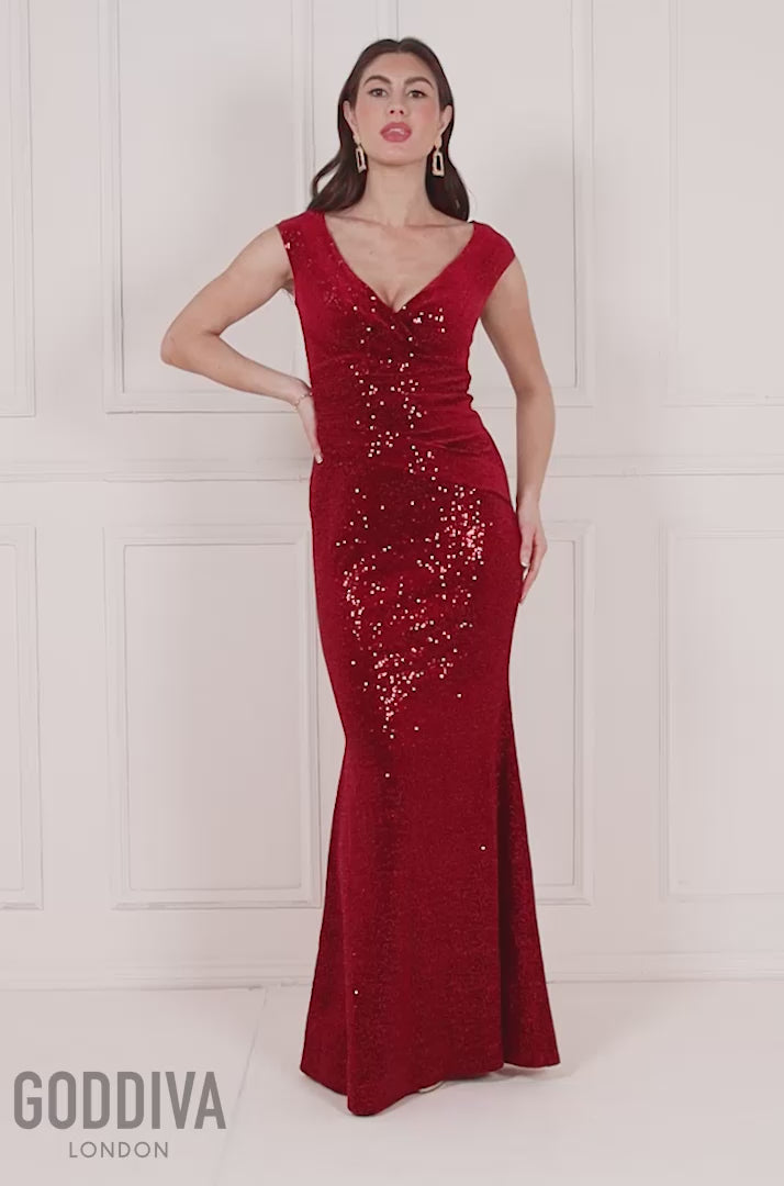 Sequin & Velvet Bardot Maxi Dress - Wine DR3623