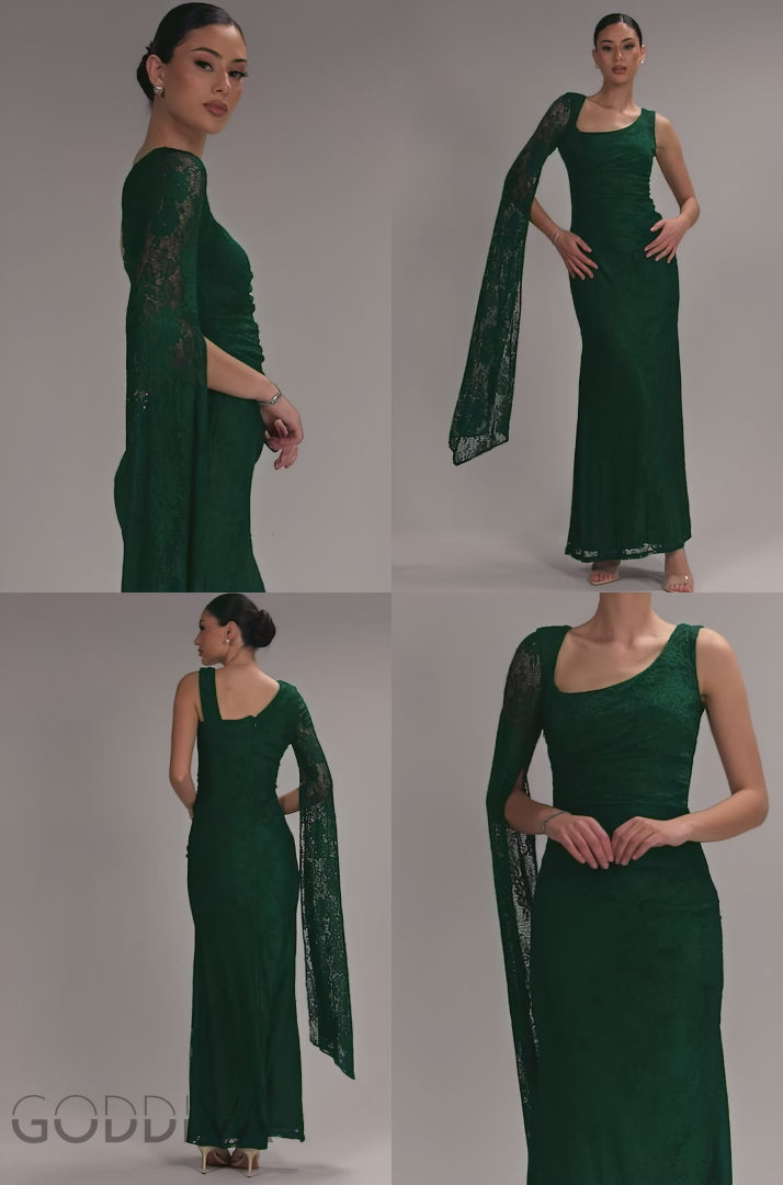 One Shoulder Cape Sleeve Pleated Lace Maxi Dress - Emerald Green DR5065