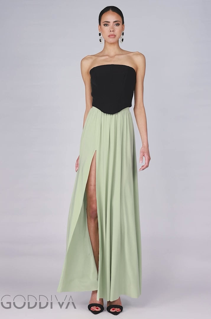 Compact Crepe Lace Up Corset With Side Split Jersey Maxi Skirt & Scarf - Black & Sage Green LOOK09