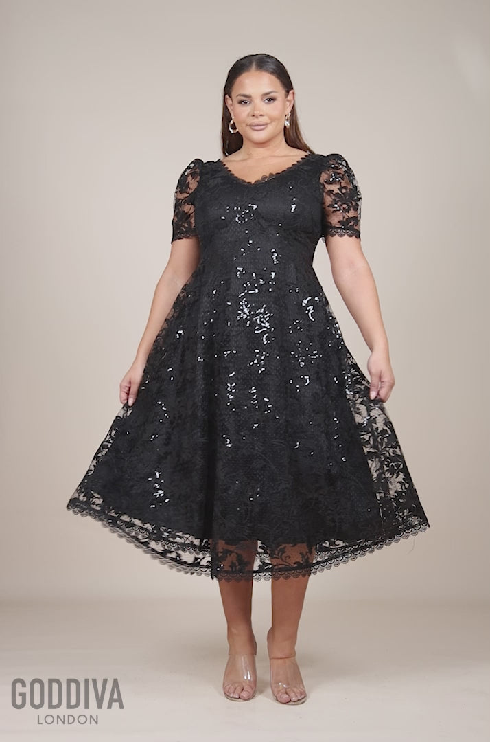 Sequin Lace Short Sleeve A-Line Midi Dress - Black DR4429PLUS