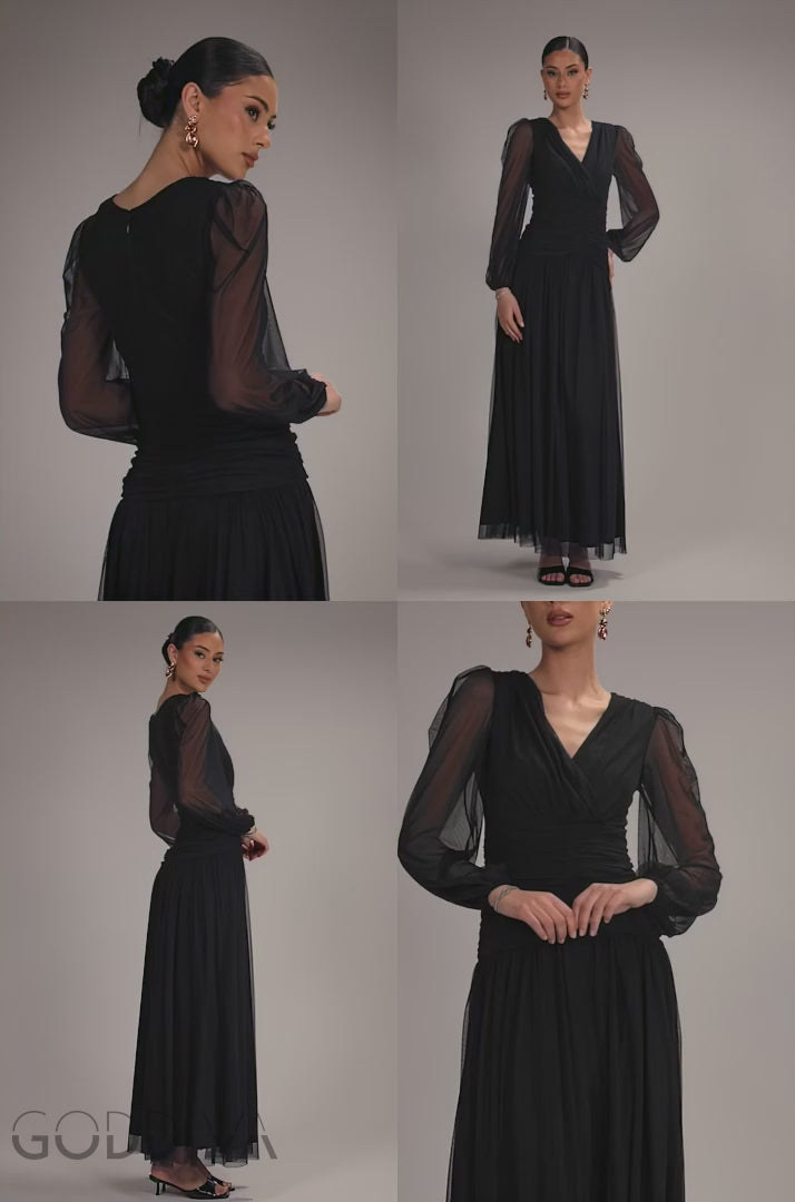 Gathered Balloon Sleeve Mesh Maxi Dress - Black DR5003