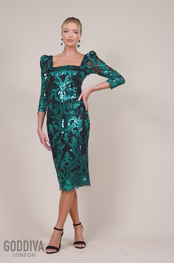 Square Neck Scalloped Lace Midi Dress - Emerald DR4124