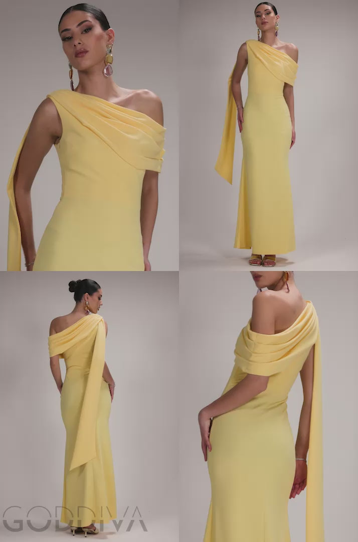 Sash One Shoulder Bardot Maxi Dress - Butter Yellow DR4830