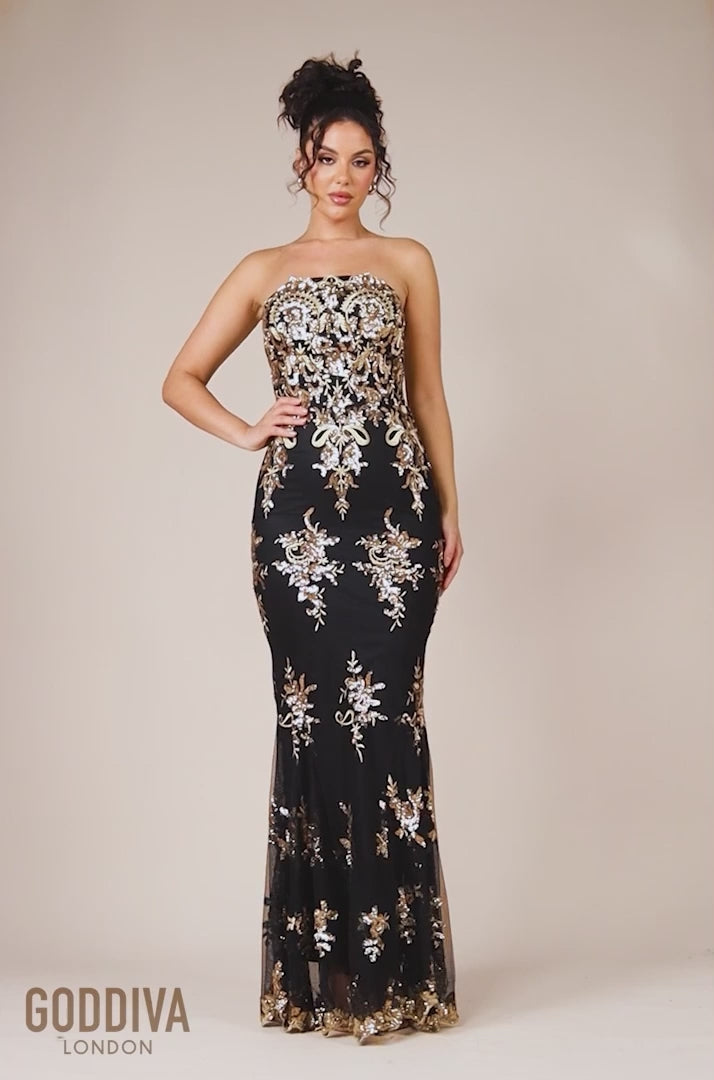 Scallop Bandeau Sequin Mesh Maxi Dress - Black Gold DR966