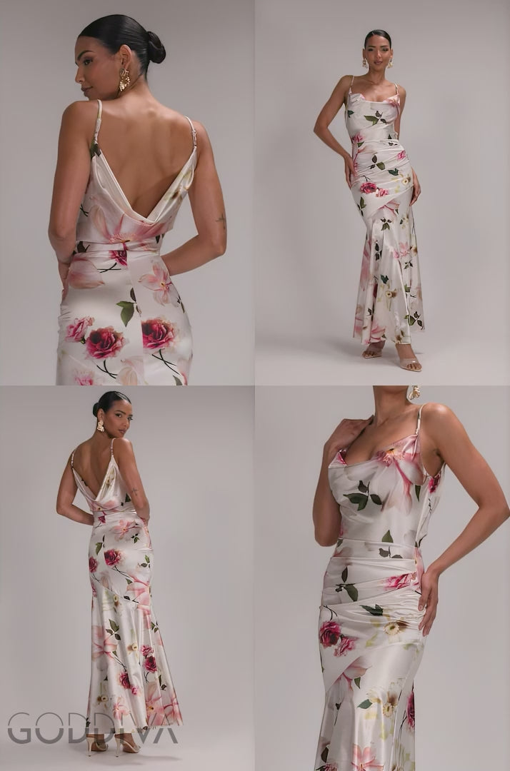 Floral Print Satin Cowl Neck Maxi Dress - Cream DR5191