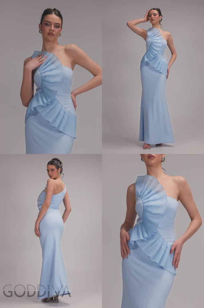One Shoulder Pleated Fan Maxi Dress - Powder Blue DR4075