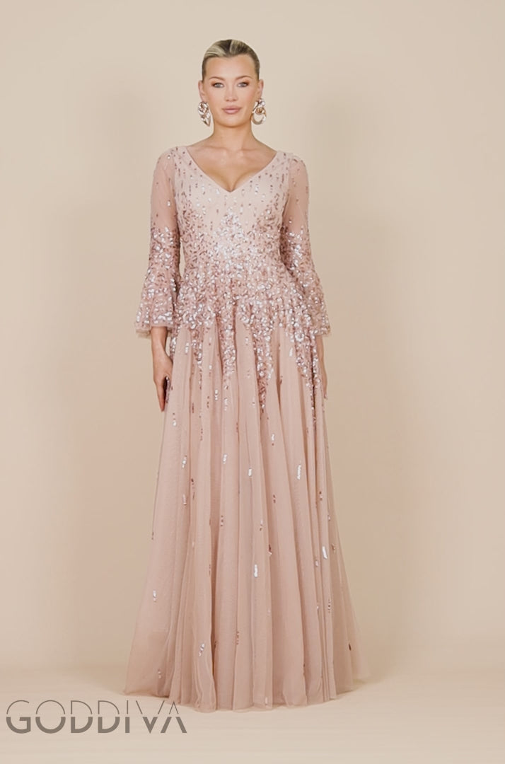 Sunray Sequin A-Line Bell Sleeve Maxi Dress - Champagne DR4654