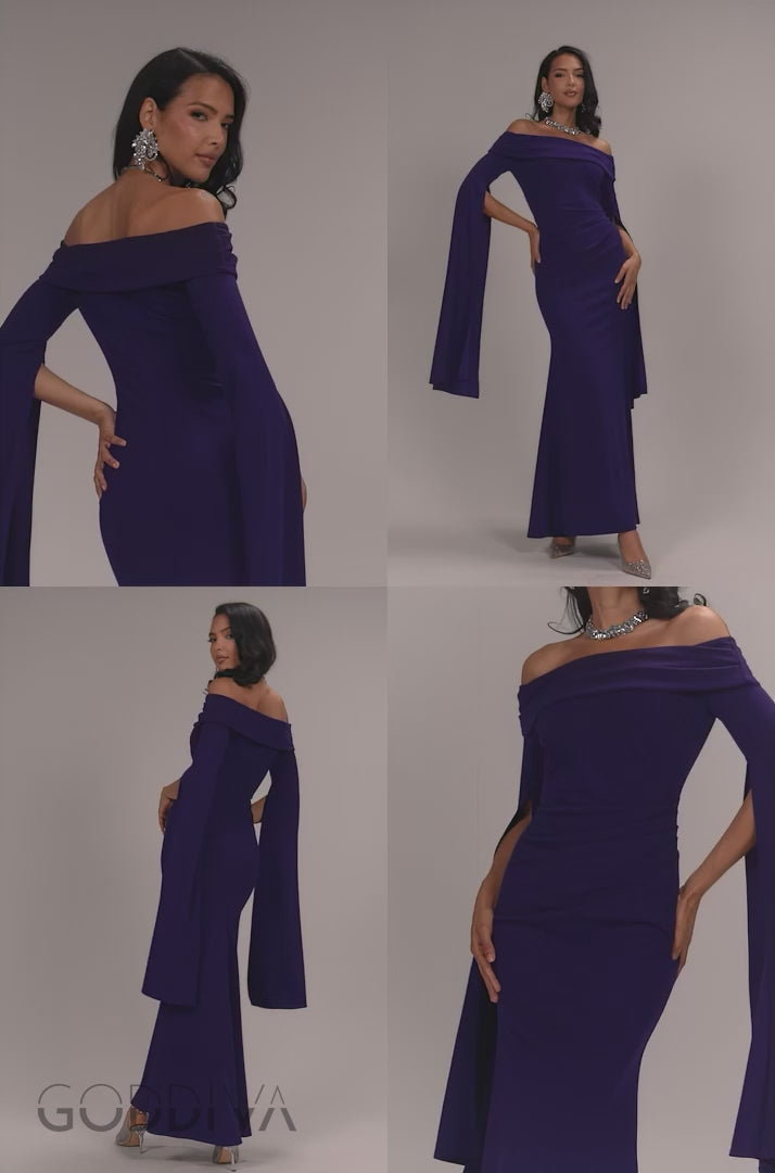 Off Shoulder Bardot Maxi Dress With  Split Cape Sleeves - Deep Purple DR5254