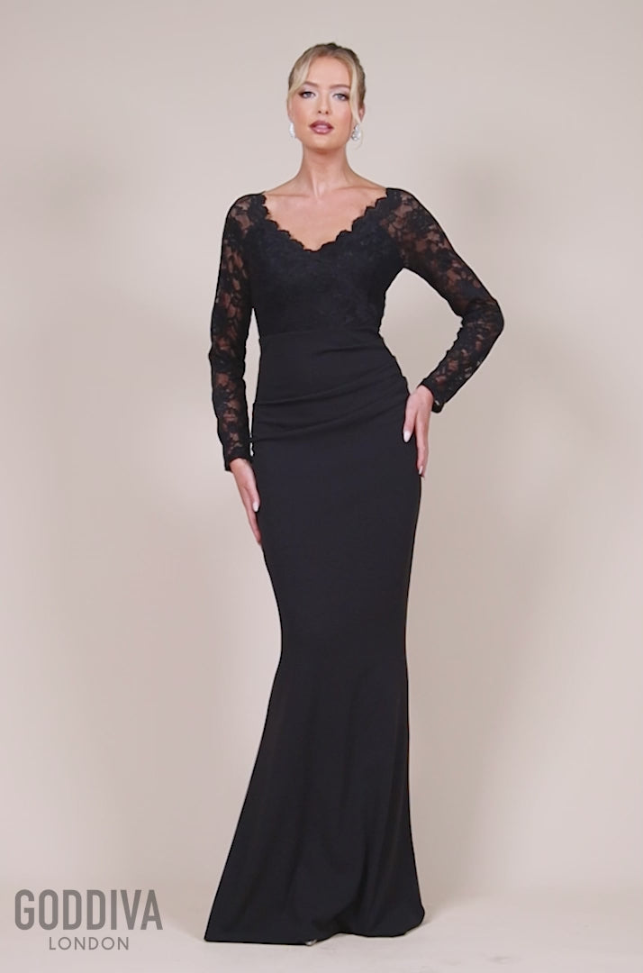 Scalloped Lace & Scuba Maxi Dress - Black DR2449C