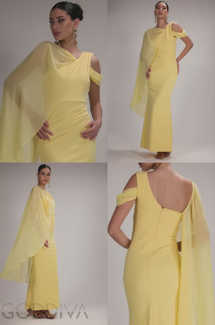 One Shoulder Chiffon Cape Crepe Maxi Dress - Butter Yellow DR4982