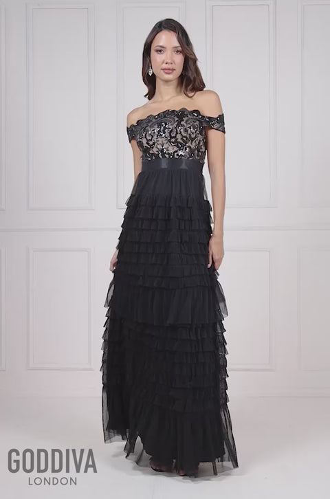 Scallop Bardot Ruffle Mesh Maxi Black