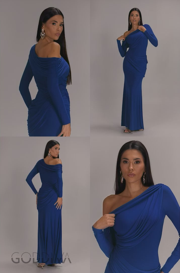 Off Shoulder Gathered Panel Soft Touch Maxi Dress - Royal Blue DR5087