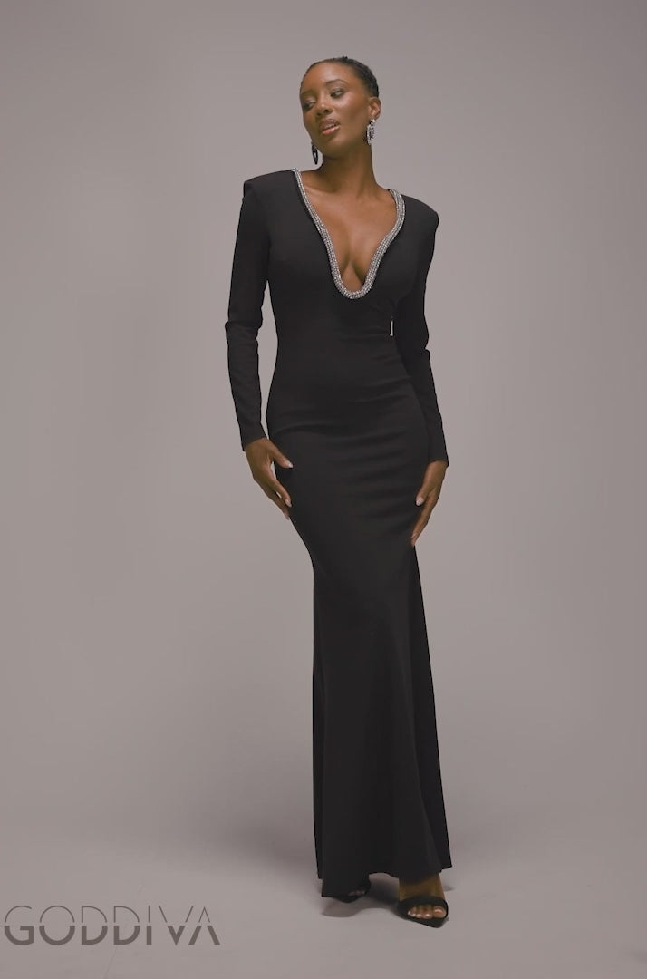 Diamante Embellished Neck Bodycon Maxi Dress - Black DR4701