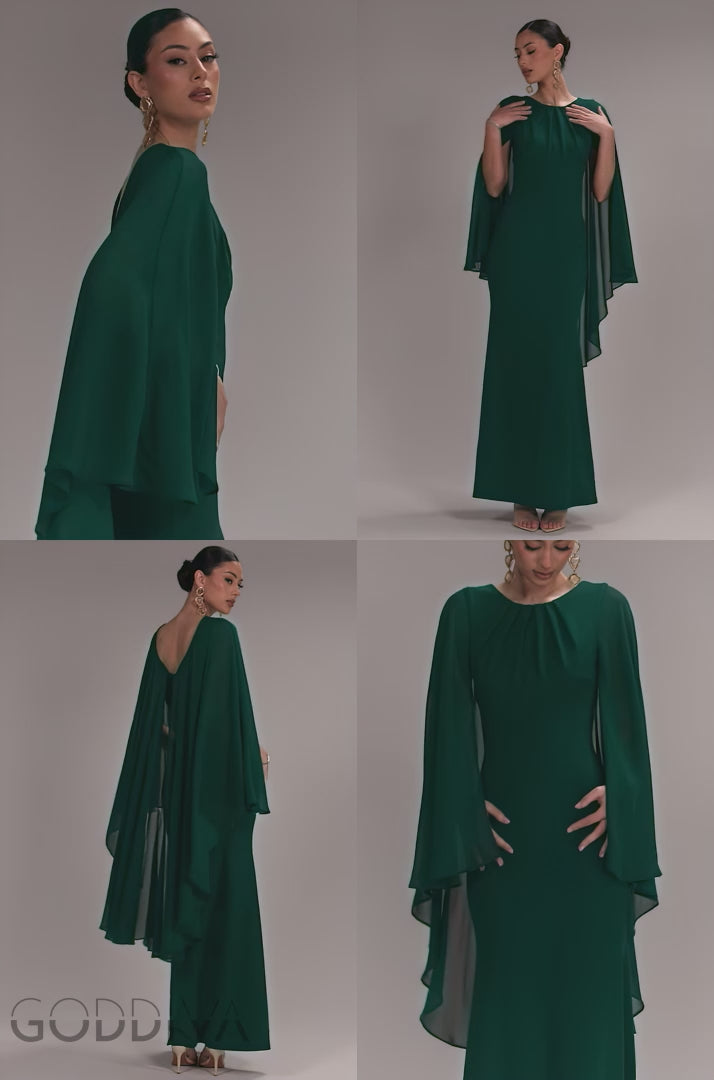 Cape Sleeve Chiffon And Scuba Crepe Maxi Dress - Emerald Green DR4900