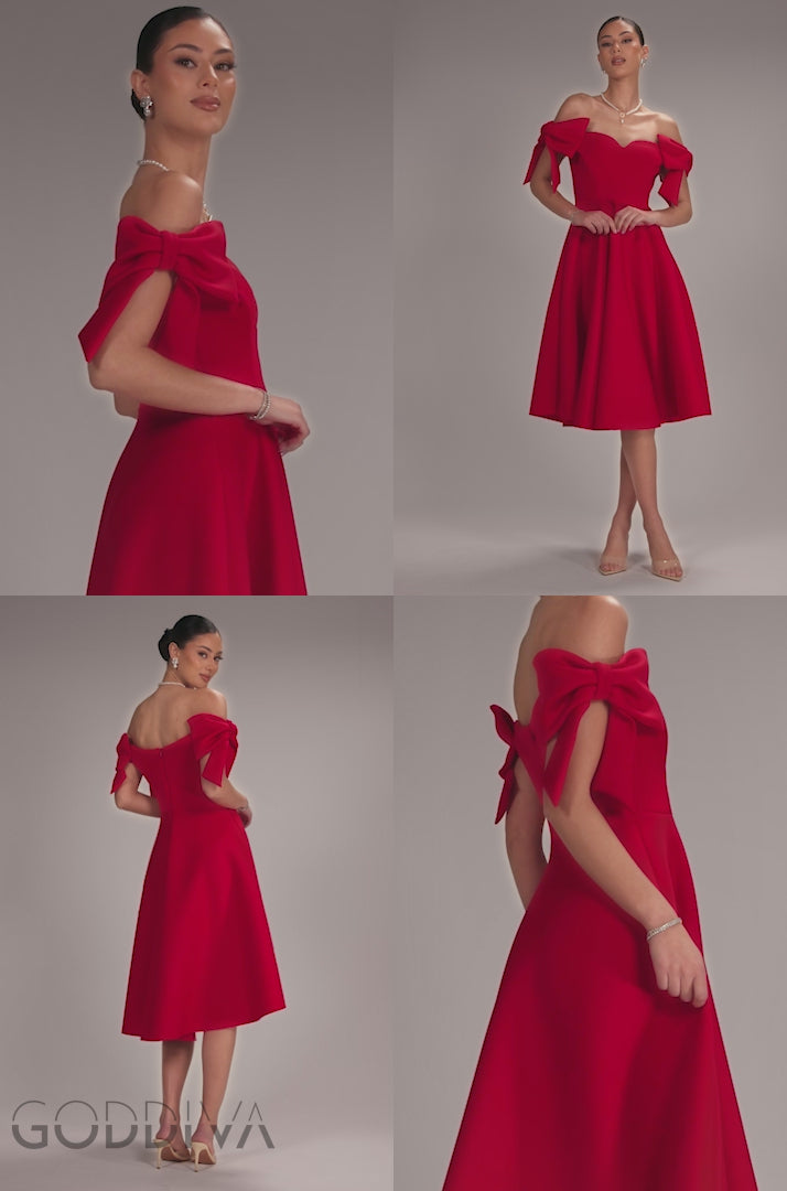 Bardot Plunge Neck Bow Sleeve A Line Midi Dress - Red DR5124