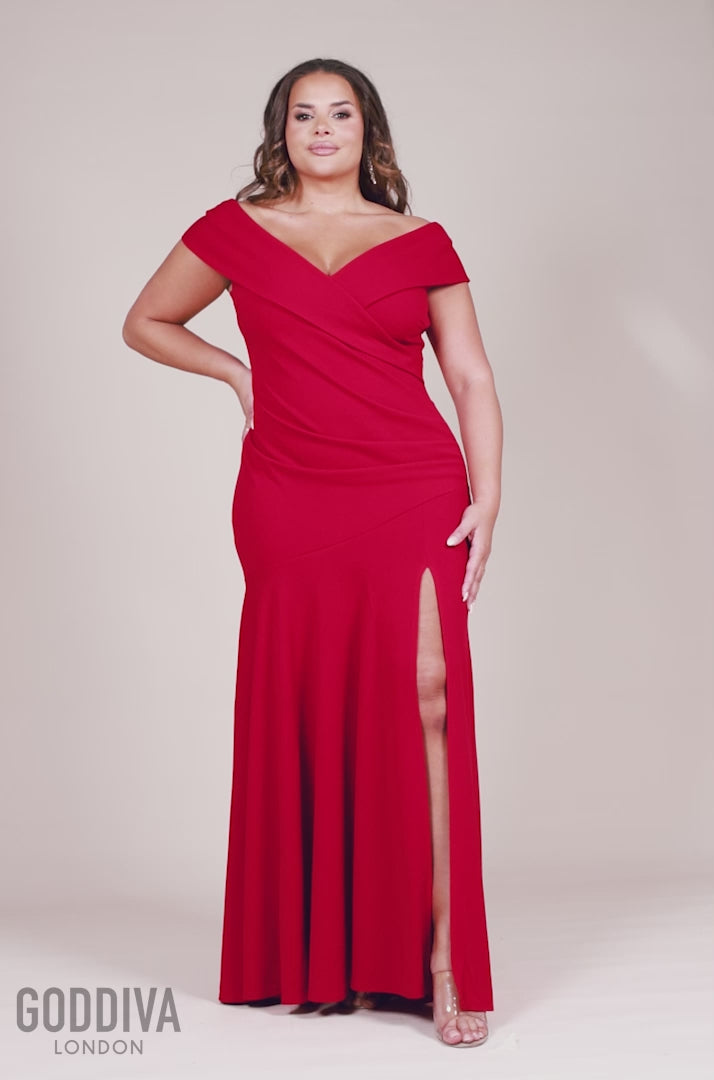 Scuba Crepe Off Shoulder Front Split Maxi Dress - Red DR2930PLUS