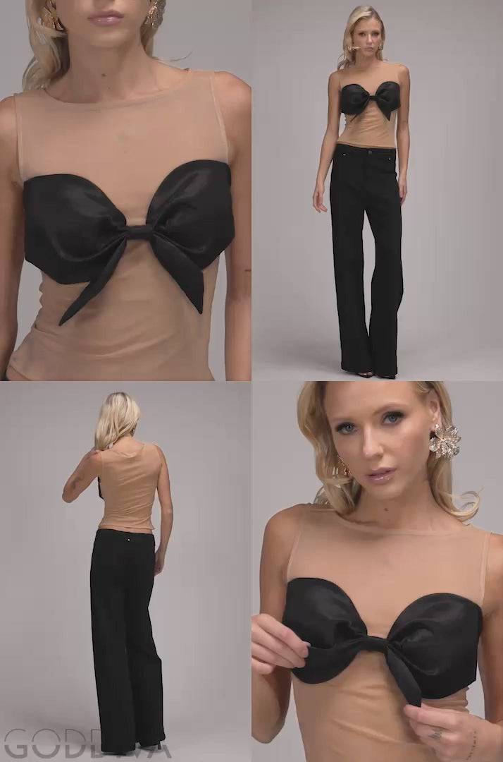 Nude Mesh Sleeveless Taffeta Bow Top - Black T236