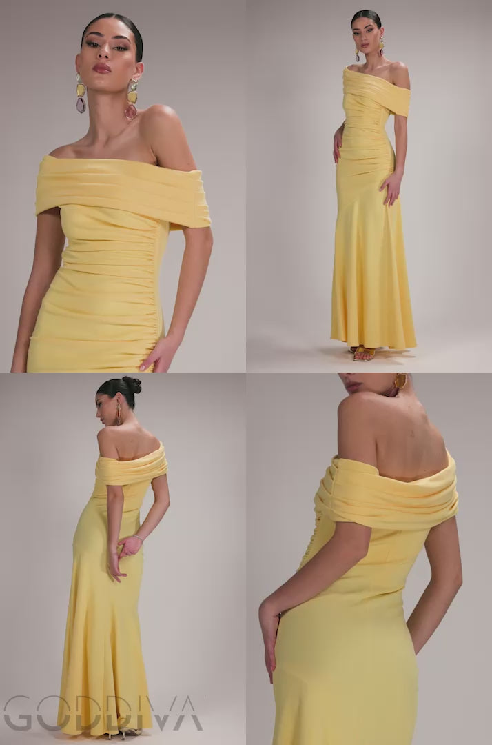 Pleated One Shoulder Bardot Fit And Flare Maxi Dress - Butter Yellow DR4909