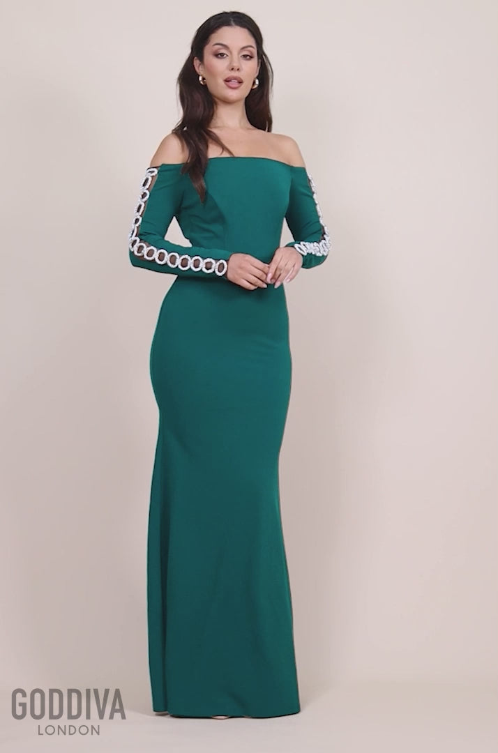 Embellished Diamante Sleeve Bardot Maxi Dress - Emerald Green DR4424