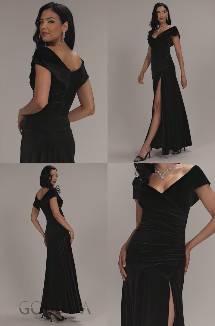 Velvet Off Shoulder High Split Maxi Dress - Black DR5187