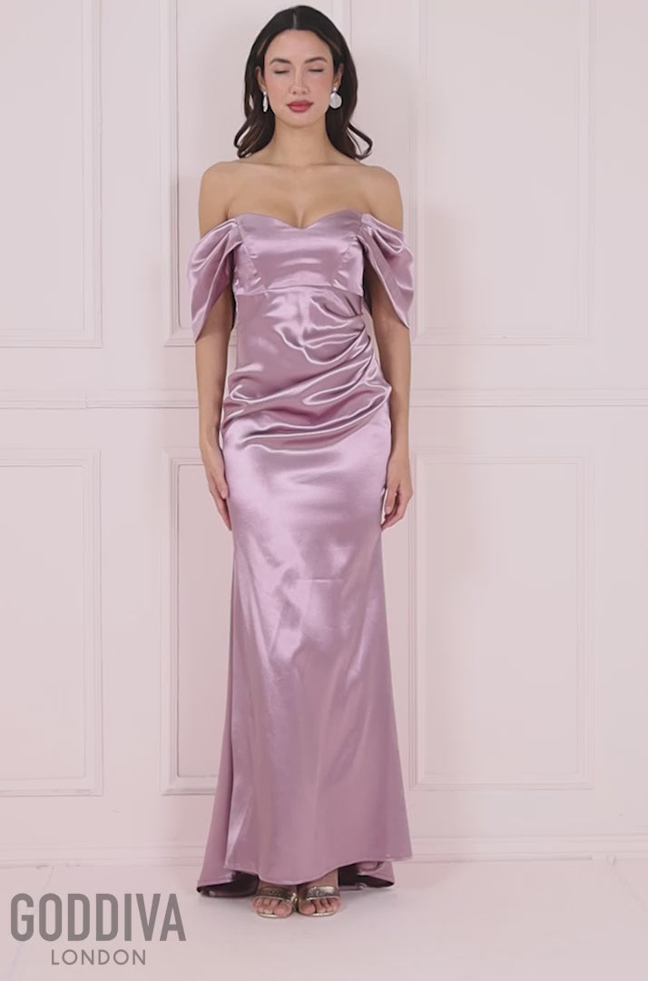 Off Shoulder Satin Maxi With V Neck - Rosepink DR3923