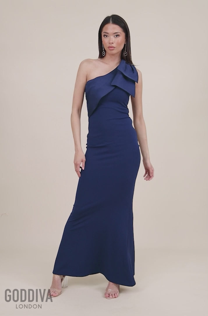 One Shoulder Satin Bow Scuba Crepe Maxi Dress - Navy DR4183