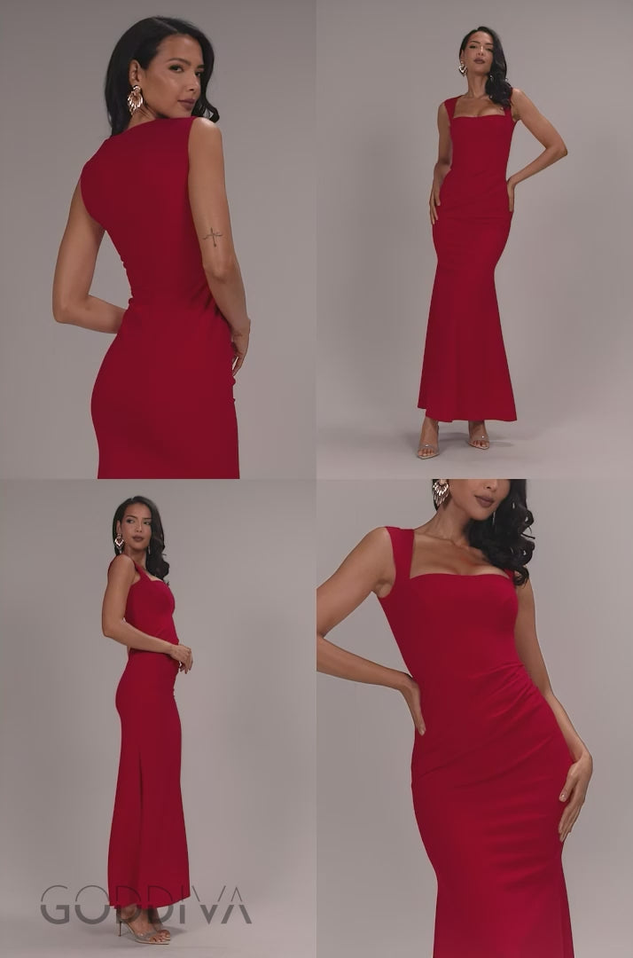 Sleeveless Waist Pleated Scuba Crepe Maxi Dress - Red DR5291