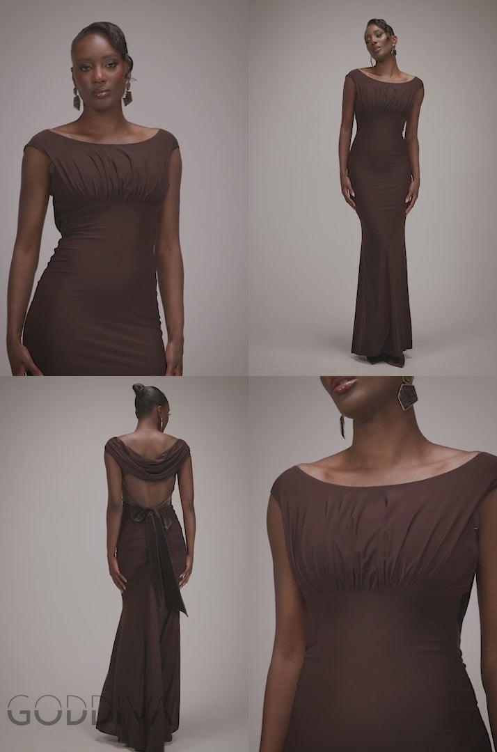 Open Back Cowl Neck Gathered Maxi Dress With Velvet Tie Back - Brown DR4856