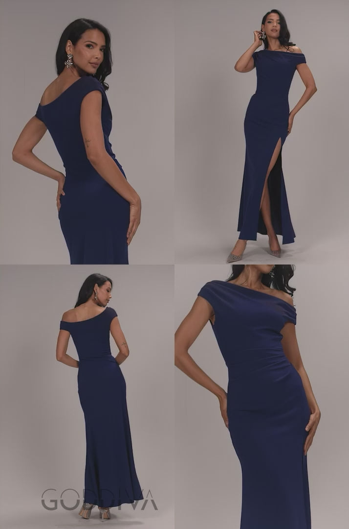 Asymmetric One Shoulder Front Split Scuba Crepe Maxi Dress - Navy Blue DR5200