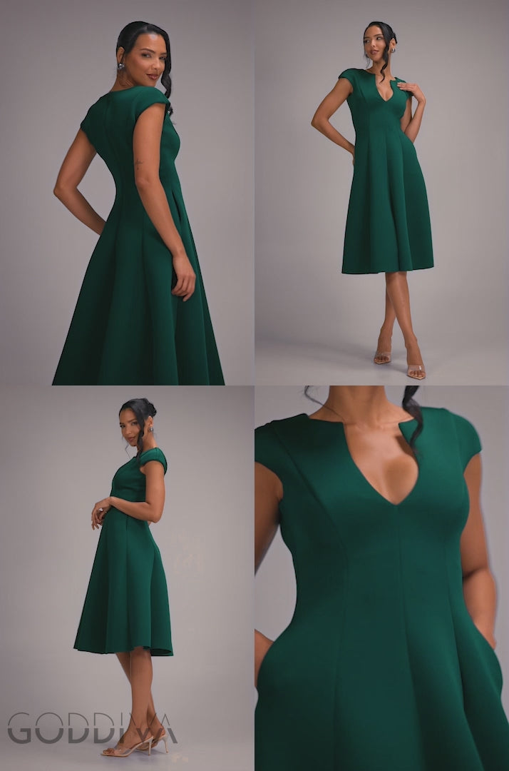 Cap Sleeve Plunging V Neckline A Line Midi Dress - Emerald Green DR4540