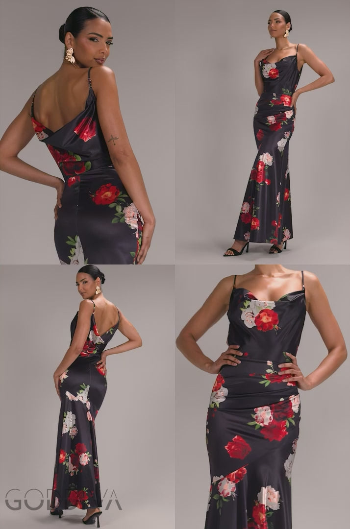 Floral Print Satin Cowl Neck Maxi Dress - Black DR5191