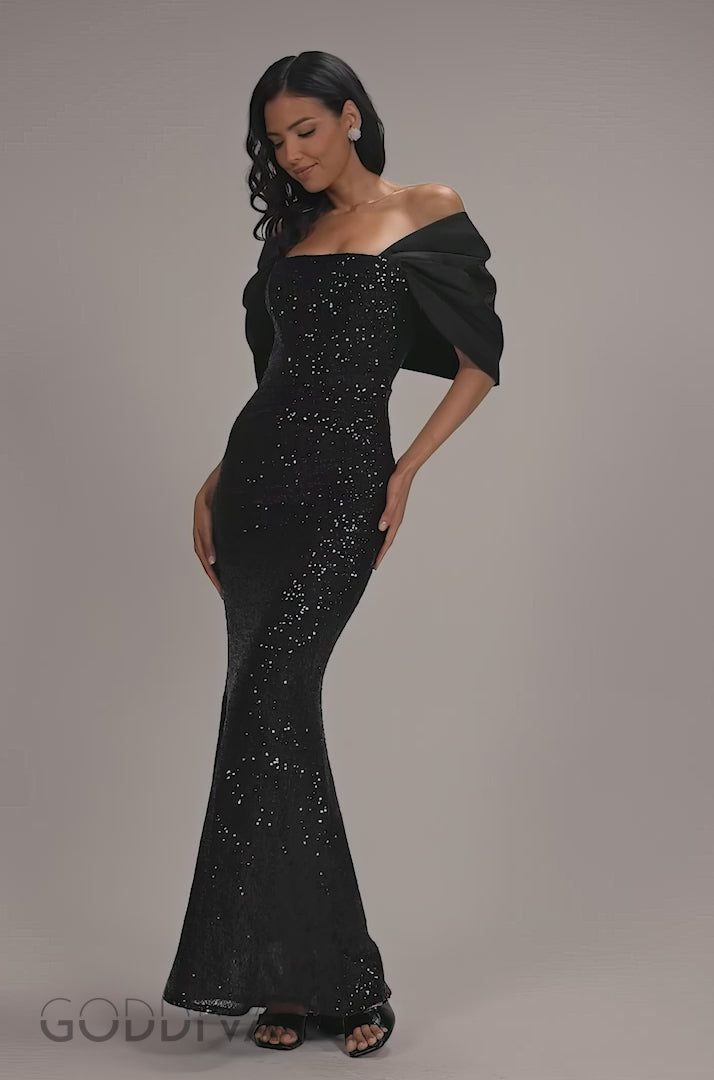 Off Shoulder Sequin Maxi Dress With Back Jacquard Bow - Black DR5160
