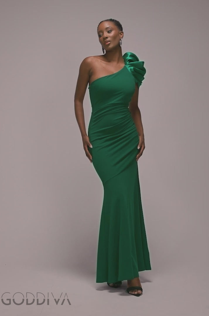 One Shoulder Puffed Satin Sleeve Evening Maxi Dress - Emerald Green DR4640