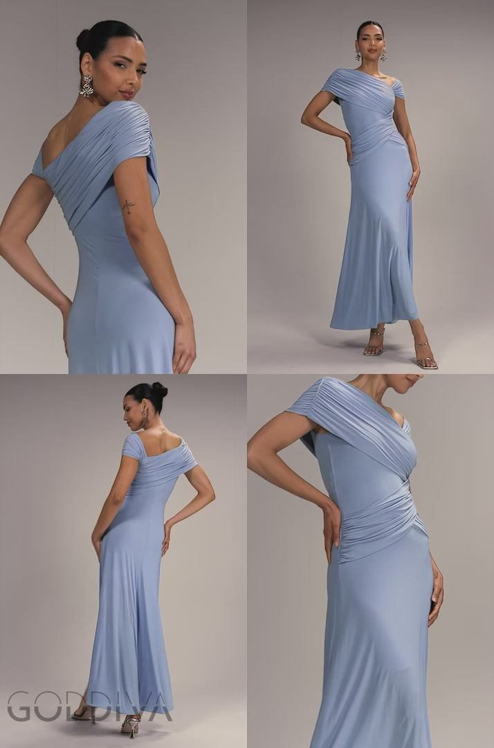 Asymmetric Neck Gathered Waist Maxi Dress - Blue DR5096