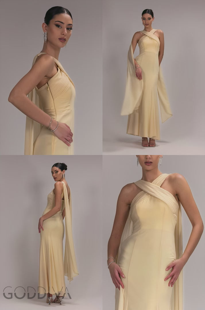 Cross Front Scarf Back Chiffon Mermaid Maxi Dress - Butter Yellow DR4831