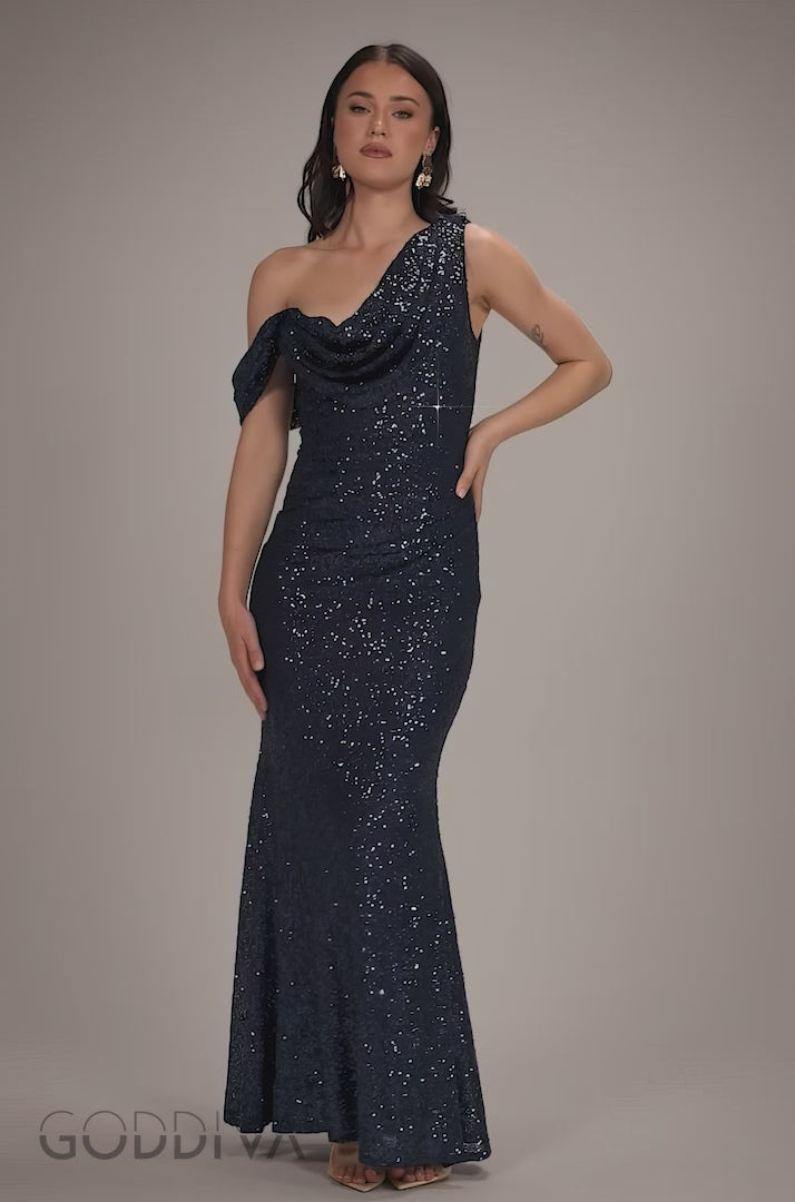 Sequin Cowl One Shoulder Maxi Dress - Navy Blue DR4020