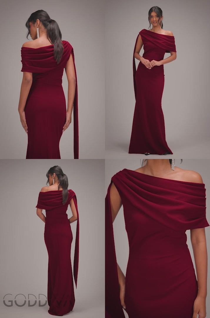 Sash One Shoulder Bardot Maxi Dress - Wine DR4830
