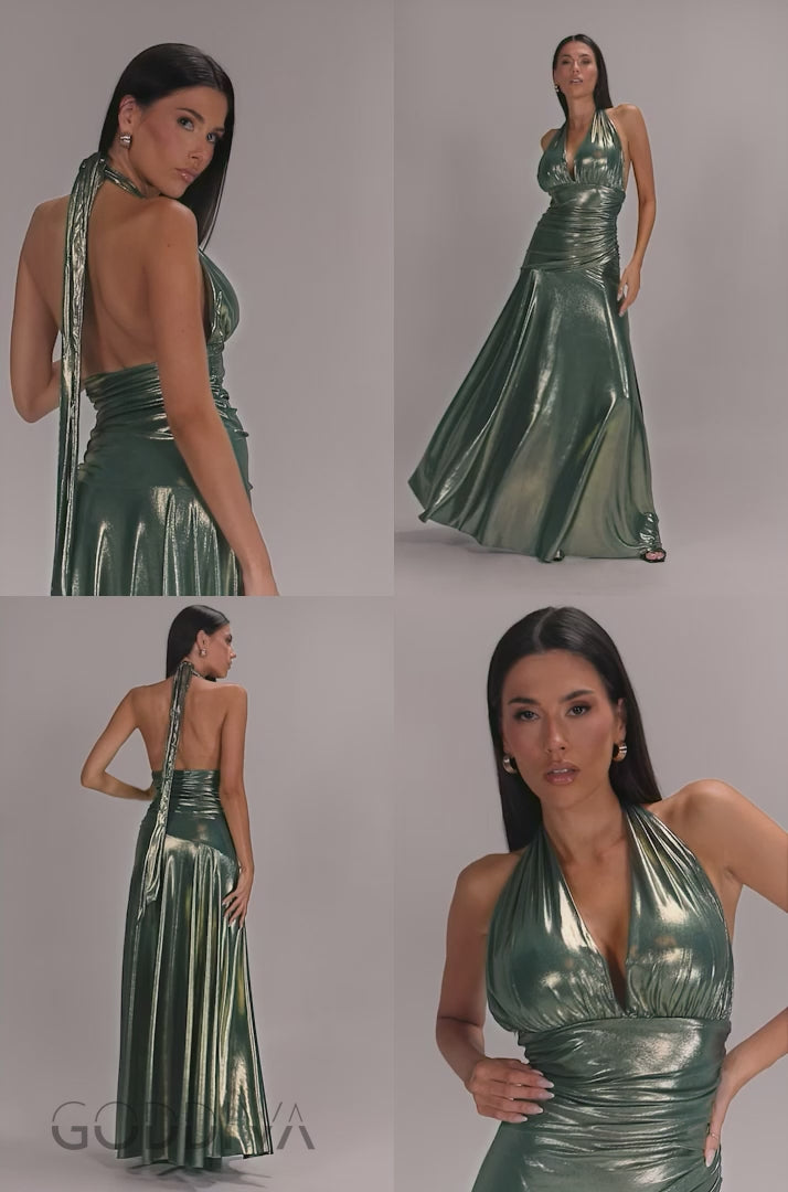 Halterneck Empire Waist Gathered Sunrise Foil  Maxi Dress - Dark Gold DR5138