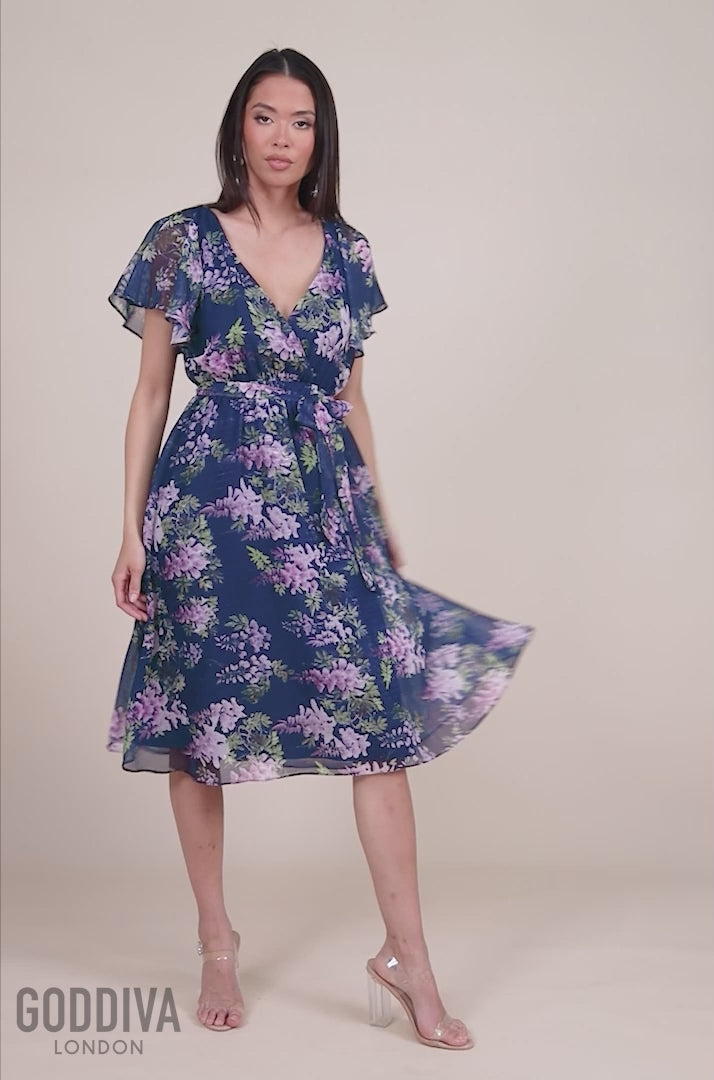 Printed Lurex A-Line Flutter Sleeve Midi Dress - Navy Blue DR4516