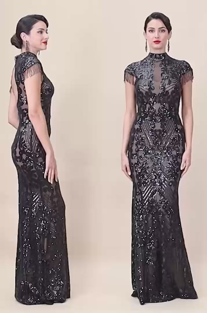 Embroidered Sequin Beaded Cap Sleeve Maxi - Black DR3591