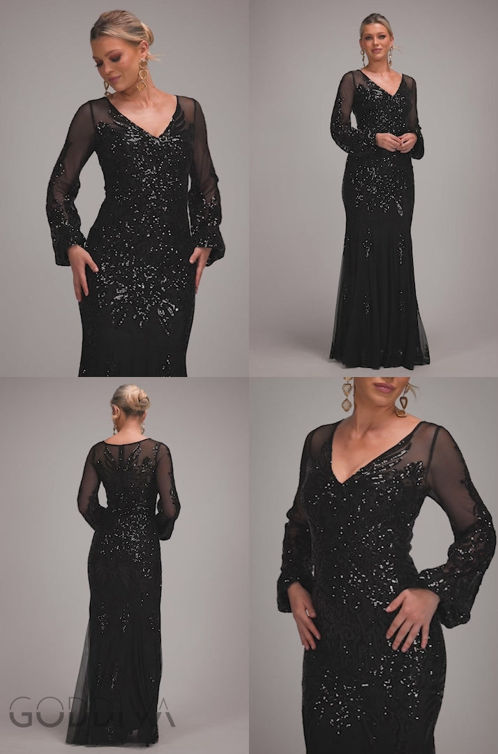 Embellished Sequin Bishop Sleeve Maxi Dress - Black DR4634