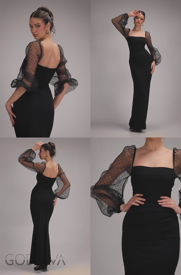 Dobby Organza Bishop Sleeve Multiway Maxi Dress - Black DR5011