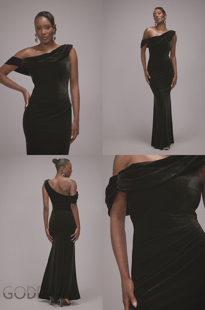 Cowl One Shoulder Velvet Maxi Dress - Black DR4504