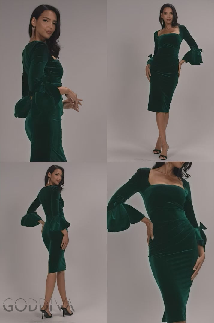 Petal Bow Sleeve Frill Velvet Midi Dress - Emerald Green DR5165