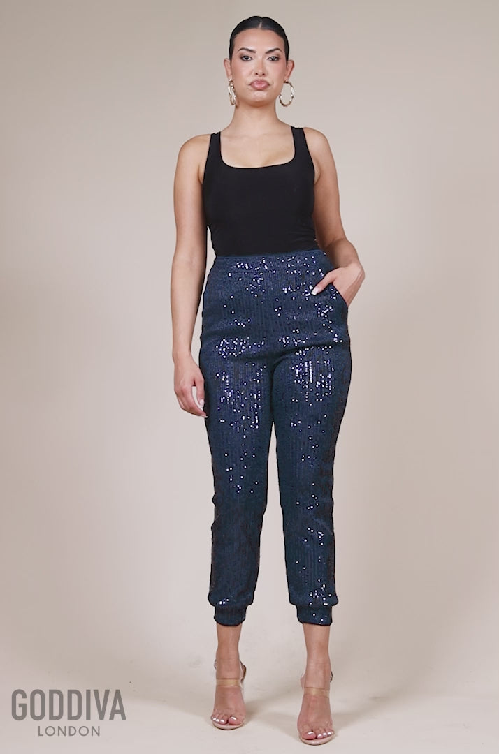 Sequin Cuffed Ankle Trouser - Navy TR360