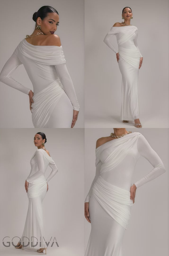 Off Shoulder Gathered Panel Soft Touch Maxi Dress - White DR5087